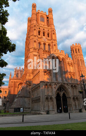 Vue sur Cathédrale d'Ely's tour ouest tournant une belle couleur rouge dans le soleil couchant. Banque D'Images