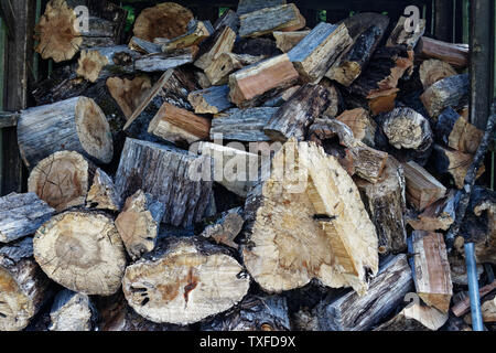 Grands et petits morceaux de bois de chauffage prêt à maintenir la maison au chaud pendant la saison d'hiver. Banque D'Images