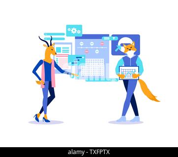 L'analyse d'entreprise illustration vectorielle. E-commerce, conversion métrique. La métaphore animale pour les investisseurs, les financiers, les courtiers. Partenaires d'affaires, analystes de personnages de dessins animés. Analyses de marketing Illustration de Vecteur