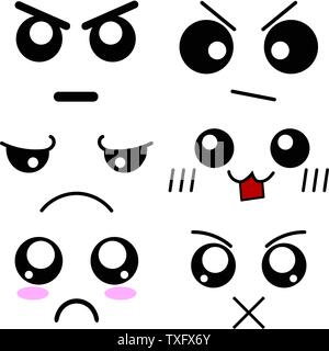 Ensemble d'expressions des visages Cartoon. Émoticônes dans le style d'Anime. Illustration vecteur d'émotions pour votre conception, Jeu, Carte. Illustration de Vecteur
