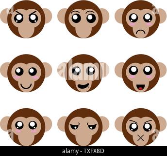 Collection de smileys singe isolé sur fond blanc. Différentes émotions. Vector Illustration pour votre conception, Jeu, Carte. Illustration de Vecteur