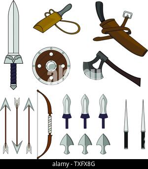 Cartoon Ensemble de différentes armes isolé sur fond blanc. Shield,Bow, hache, épée, poignard, stylet, couteau. L'équipement de l'époque médiévale. Les éléments de l'aventure. Vec Illustration de Vecteur