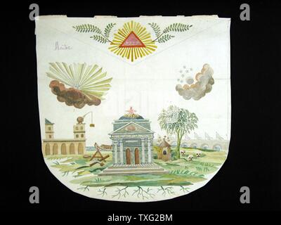 Le patron du tablier du maître autour de 1830 prises à partir d'une collection de modèles aquarelle annotée par une broderie (29 cm x 32 cm) l'aire montre l'une des nombreuses représentations de la 'temple' popularisé dans tout le début du 19ème siècle par la Maison Guérin. Paris, musée de la du Métro Cadet Banque D'Images