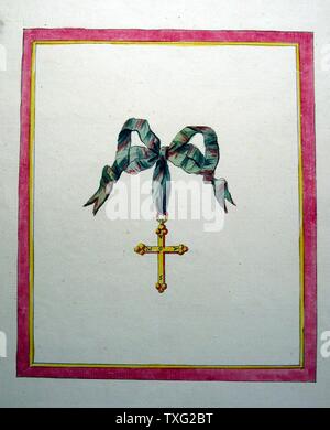 Symboles et allégories de haut niveau de la franc-maçonnerie française croix mystique avec les initiales KVASG et le nœud de Salomon vers 1780 aquarelle sur papier (30 cm x 23 cm) Paris, musée de la du Métro Cadet Banque D'Images