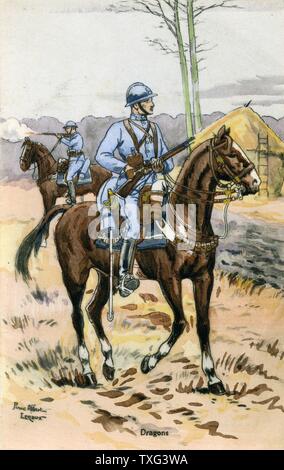 Carte postale représentant un soldat français (un "Poilu") d'un régiment de cavalerie. Banque D'Images