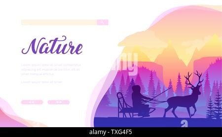 Traîneau à renne vector services landing page modèle. Pôle nord, Laponie hiver paysage minimaliste. Rider en traîneau avec deer télévision silhouettes. La nature de l'espace texte avec bannière web Illustration de Vecteur