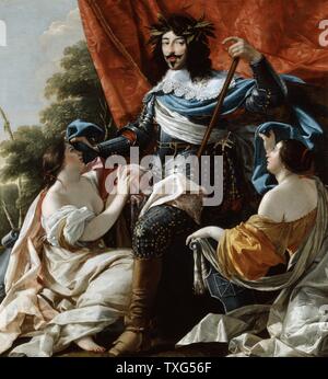 Simon Vouet école française Louis XIII entre des figures féminines représentant la France et la Navarre, united par Henry IV, père de Louis Huile sur toile Banque D'Images