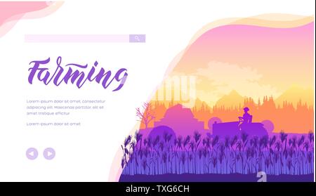 Vecteur d'agriculture landing page modèle. Magasin en ligne de produits du marché site web. La récolte, les saisonniers. L'agriculture, l'horticulture illustration minimale télévision. Dans la zone de travail du tracteur Illustration de Vecteur