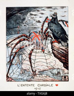 Entente Cordiale, 1904 accord entre la France et la Grande-Bretagne en partie pour empêcher l'expansion allemande. L'allemand (Aigle) voir d'entente en 1915, comme la Grande-Bretagne l'araignée avec tout dans son site web qui est peu à peu brisé. Banque D'Images