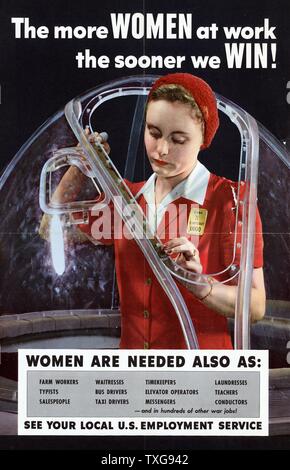 World War II : American affiche montrant une femme travaillant dans une usine d'avion 'le plus de femmes au travail le plus tôt nous gagner !' Banque D'Images