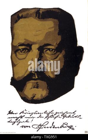 Le Maréchal Général Paul von Hindenburg poster, soldat allemand et homme d'État, basé sur portrait par Louis Oppenheim Lithographie Banque D'Images