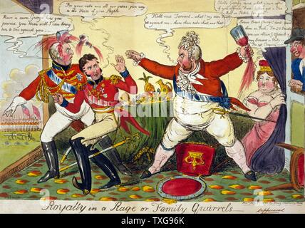 Robert Cruikshank British school image dans une rage ou de querelles familiales - George IV en colère contre ses frères Frederick et William, peu disposés à le soutenir dans la procédure de divorce contre Queen Caroline Etching Banque D'Images