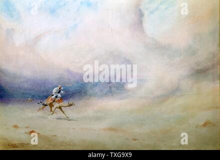 Robert Talbot-Kelly British school tempête dans le désert Aquarelle homme en robe arabe chameau circonscription par une tempête de sable. Banque D'Images