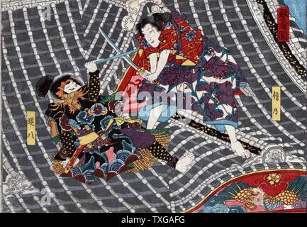 D'Horyu Tower. Imprimer montre deux hommes qui combattaient avec des épées sur le toit d'une tour. Banque D'Images
