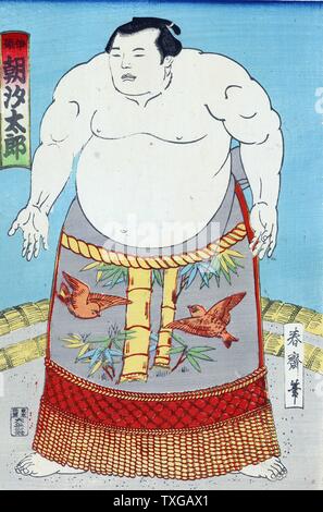 Le lutteur de sumo L'Asashio Taro. L'Asashio Taro, montre d'un lutteur de sumo, portrait en pied, debout, en face légèrement à gauche, portant clôture de la taille avec des oiseaux et motif bambou. Banque D'Images