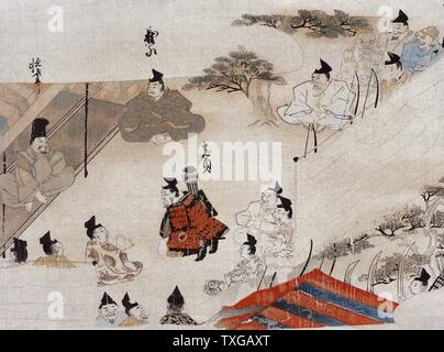 Les négociations. Imprimer montre un homme portant une armure rembourrée avec un carquois plein de flèches à genoux devant un homme assis sur une plate-forme surélevée avec des membres de sa cour assis à la périphérie de l'aire fermée pour la plupart, les soldats avec des arcs et des épées d'attendre à l'extérieur de l'enceinte. Banque D'Images