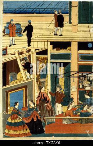 Intérieur d'un navire à vapeur. Triptyque japonais imprimer montre une vue en coupe d'un American Steamship avec groupe de passagers assis autour d'une table sous le pont à l'heure du repas, activités montre également sur le pont. Par Yoshikazu Utagawa. Banque D'Images