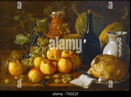 La peinture intitulée "La vie avec les pommes, raisins, melons, Pain, Jug et bouteille par Luis Egidio Meléndez (1716-1780) peintre espagnol. Datée 1771 Banque D'Images