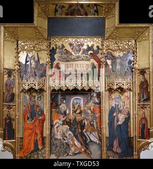 Retable de l'Epiphanie par Joan Reixach (1411-1486) peintre espagnol et miniaturiste. En date du 15e siècle Banque D'Images