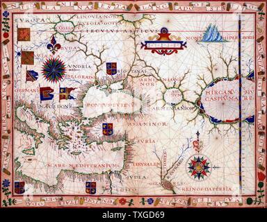 La carte du proche orient par Fernão Vaz Dourado (ch. 1520 - c. 1580), un cartographe portugais du seizième siècle. Il appartenait à la troisième période de l'ancien portugais en cartographie marine, qui se caractérise par l'abandon de l'influence de Ptolémée dans la représentation de l'Orient et l'introduction d'une meilleure précision dans la représentation des terres et continents. On sait peu de choses sur ce personnage historique. 1570 Banque D'Images