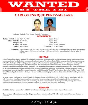 Avis de recherche émis par le FBI pour Carlos Enrique Perez-Melara (1980-) recherché pour son implication présumée dans la fabrication des logiciels espions. Datée 2013 Banque D'Images