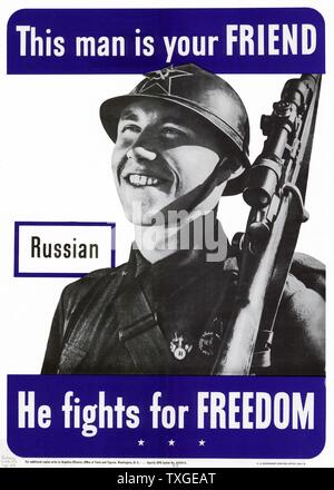 Seconde Guerre mondiale patriotique affiche représentant un Russe allié américain. Datée 1943 Banque D'Images