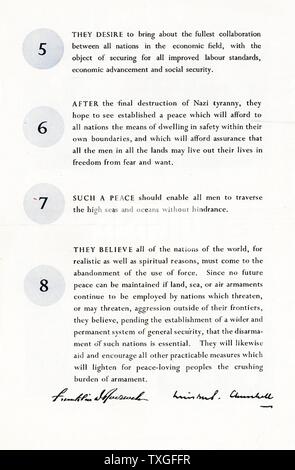 Deuxième page de la Charte de l'Atlantique ; un rôle de politique publié le 14 août 1941 que, au début de la Seconde Guerre mondiale, défini les objectifs des Alliés pour le monde de l'après-guerre. Il a été rédigé par les dirigeants de la France et le Royaume-Uni, et plus tard convenu par tous les alliés de la Seconde Guerre mondiale. Banque D'Images