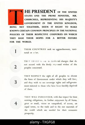 Première page de la Charte de l'Atlantique ; un rôle de politique publié le 14 août 1941 que, au début de la Seconde Guerre mondiale, défini les objectifs des Alliés pour le monde de l'après-guerre. Il a été rédigé par les dirigeants de la France et le Royaume-Uni, et plus tard convenu par tous les alliés de la Seconde Guerre mondiale. Banque D'Images