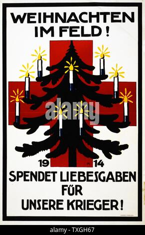 Weihnachten im Feld ! 1914. Liebesgaben Spendet für unsere Krieger ! Par Adolf Münzer, 1870-1953, l'Allemand artiste graphique. La première guerre mondiale affiche de propagande allemande montrant un arbre de Noël décoré avec des bougies en face d'une croix rouge Banque D'Images