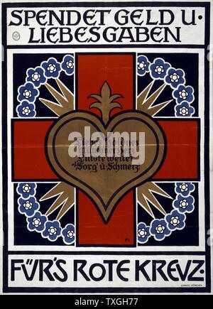 L'allemand de la première guerre mondiale affiche de propagande. Spendet Geld u. Liebesgaben für's Rote Kreuz. Poster par Adolf Franz Theodor Münzer 1870-1953. Poster datée de 1917, montre un cœur d'or portant un poème dans le centre d'une croix rouge. Texte : donner de l'argent et de paquets cadeaux à la Croix Rouge. Banque D'Images