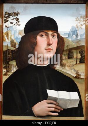 Portrait de Bartolomeo Bianchini de Bologne par Francesco Raibolini (1450-1517) un peintre italien, Goldsmith et olympique. En date du 16e siècle Banque D'Images