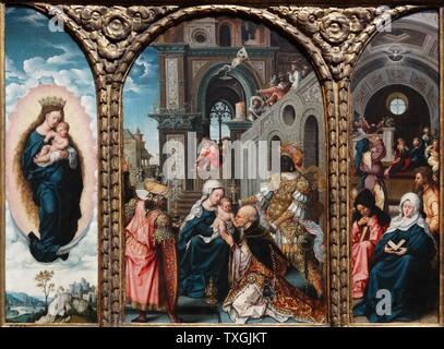 La peinture intitulée 'L'Adoration des Rois" par Jan Gossaert (1478-1532) un peintre français et membre de la guilde de saint Luc. En date du 16e siècle Banque D'Images