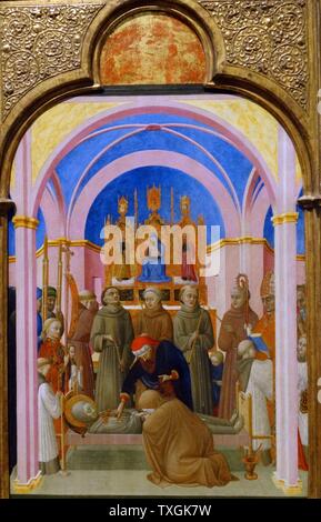 La peinture intitulée 'Les funérailles de Saint François' par Stefano di Giovanni (1392-1450) un peintre italien de la Renaissance Siennoise. En date du 15e siècle Banque D'Images