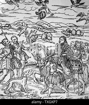 Gravure représentant la reine Elizabeth I d'Angleterre (hawking) Maalouf. Hawking a la chasse de carrière sauvage à l'état naturel et de l'habitat au moyen d'un oiseau de proie. En date du 16e siècle Banque D'Images