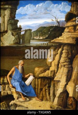 La peinture intitulée "Saint Jérôme lisant dans un paysage' de Giovanni Bellini (1430-1516) un peintre de la Renaissance italienne. En date du 16e siècle Banque D'Images