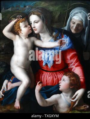 La peinture intitulée "La Madone et l'enfant avec les Saints" par Agnolo di Cosimo (1503-1572) un peintre maniériste florentin. En date du 16e siècle Banque D'Images