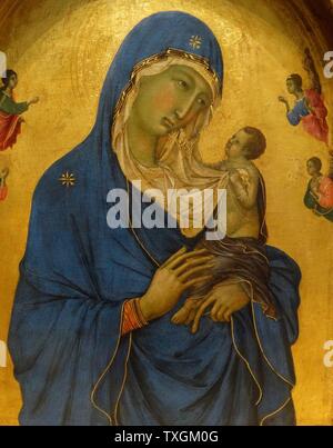 La peinture intitulée "La Vierge et l'enfant avec les Saints Dominique et Aurea' de Duccio di Buoninsegna, un peintre italien. En date du 14e siècle Banque D'Images