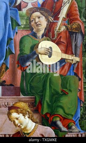 Détail d'une peinture intitulée "La Vierge et l'enfant ont intronisé' par Cosimo Tura (1430-1495) un peintre italien début-renaissance et membre fondateur de l'École de Ferrare. En date du 15e siècle Banque D'Images