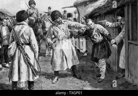 Guerre russo-japonaise de 1904-1905 à la recherche d'espions Cosaques dans un village de Manchourie. Banque D'Images