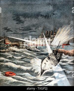 Guerre russo-japonaise 1904-05 : ouverture des hostilités. Des torpilleurs japonais attaque surprise sur le Port Arthur, le 8 février 1904. À partir de 'Le Petit Journal', Paris, 21 février 1904 la couleur. Banque D'Images