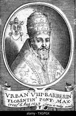 Urbain VIII (Maffeo Barberini, 1568-1644) Le Pape de 1623. L'ami de Galilée et dédicataire de son Il Saggiatore'' qui, comme le pape, l'a condamné pour ses théories hérétiques. La gravure sur cuivre Banque D'Images