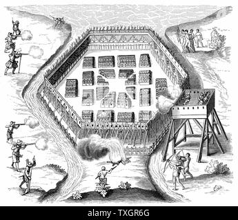 L'Onondaga village attaqué en 1615 par Samuel de Champlain (1567-1635), explorateur français et fondateur de 'Canada'. L'Onondaga : peuple de langue iroquoienne habitant les villages de l'écorce et le bois des longues maisons occupées par des familles apparentées, situé dans l'actuel état de New York Gravure Banque D'Images