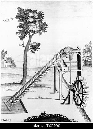 Vis d'Archimède 1 propulsé par une roue à eau prognathe, utilisé pour relever l'eau . À partir de Gaspard Grollier de Serviere 'receuil d'Ouvrages Curieux …' 1719 Gravure Lyons Banque D'Images