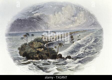 Coral Reef : Temps requis pour la construction des récifs coralliens et des îles était une preuve utilisée par Darwin pour appuyer la théorie d'une longue échelle de temps géologique 1849 gravure colorée à la main Banque D'Images