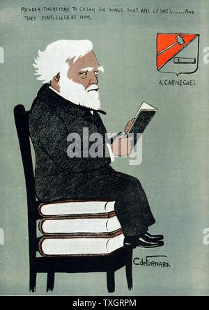 Andrew Carnegie (1835-1918), accédez à l'industriel et philanthrope. Les bibliothèques publiques caricature publié Paris, 1903 Banque D'Images