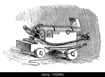 Canon sur un affût de canon de navire, montrant d'armes attaquer, blocs et des poulies fixées à côtés de gun-transport et à côté du navire, au moyen d'armes à feu qui est exécuté jusqu'à, ou tirées d'hublot 1884 gravure sur bois Banque D'Images