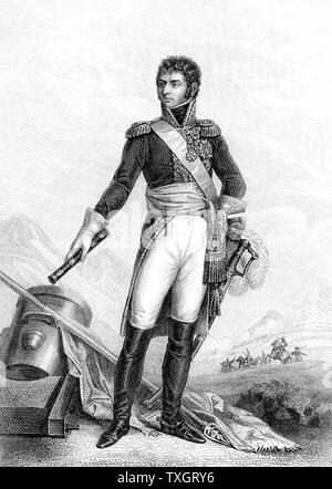 Jean Baptiste Jules Bernadotte (1763-1844), soldat de la révolution française : Maréchal de France sous Napoléon : élu Prince héritier de Suède 1810 : Le Roi Charles XIV Jean (1818-44). Après gravure portrait par F.J. Kinson lui montrant debout à côté d'un mortier et bâton de maréchal de champ holding Banque D'Images