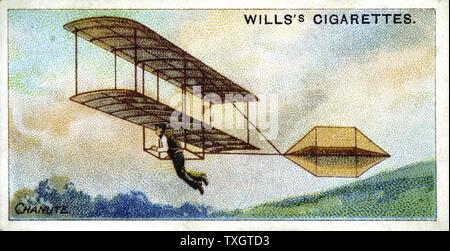 Planeur biplan de l'Octave Chanute (1832-1910) ingénieur américain d'origine française. Réalisé par l'exécution de vol en bas de la colline jusqu'à l'air. Chanute et équipe a commencé en 1896 experimetns 1910 chromolithographie, à partir de la série de cartes sur l'aviation Banque D'Images