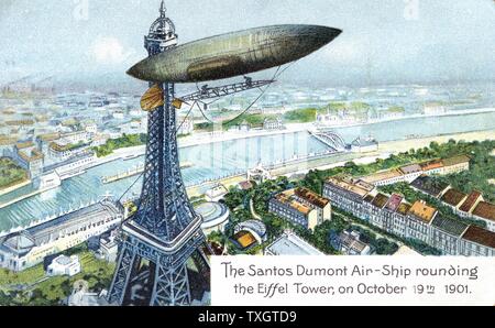 Alberto Santos-Dumont (1873-1932) Pionnier de l'aviation brésilienne. Ici dans son dirigeable dirigeable (n° 6) l'arrondissement de la Tour Eiffel, Paris, tout en remportant le prix Deutsch, 19 octobre 1901. c1910. Chromolithographie à partir de la série de cartes postales sur l'aviation Banque D'Images