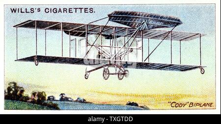 Samuel Franklin Cody (1862-1913) Né aux États-Unis British aviator. Le cerf-volant à l'instructeur de l'armée britannique. Cody biplane c1909. Chromolithographie de carte 1910. Banque D'Images